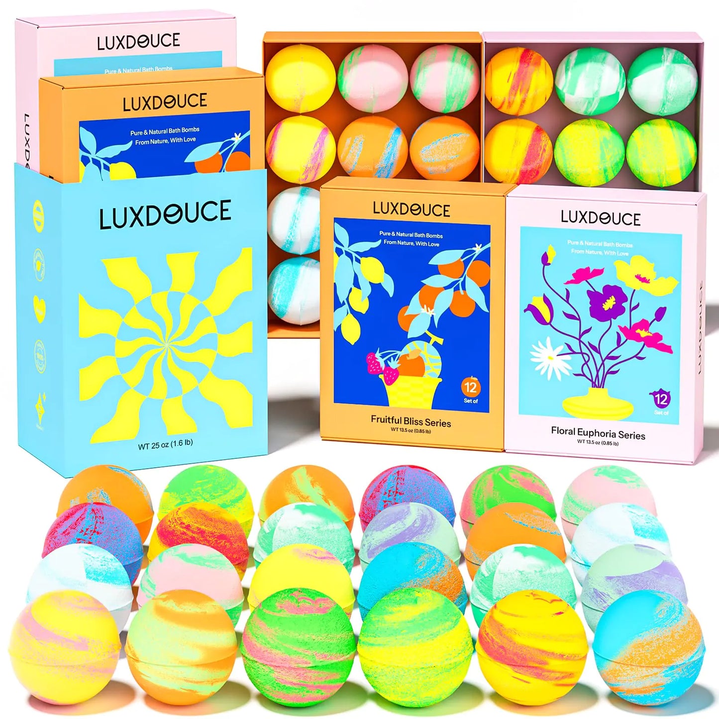 LUXDOUCE 24-Pack Bath Bombs – Botanical & Fruity Spa Bliss
