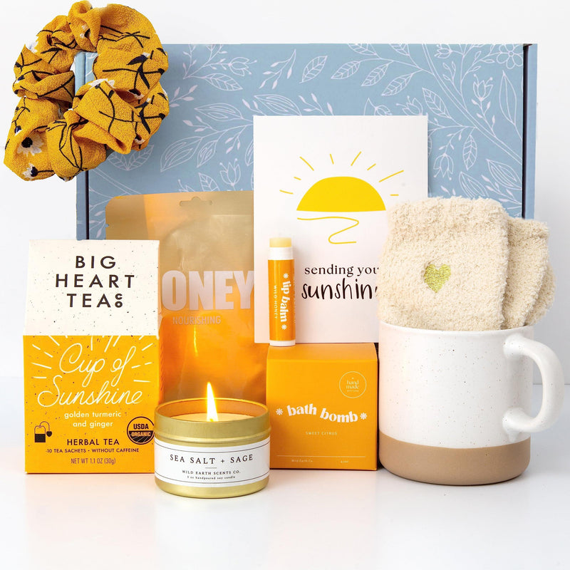 Unboxme Sunshine Gift for Women Self Care Package with Herbal Tea Mug Bath Bomb